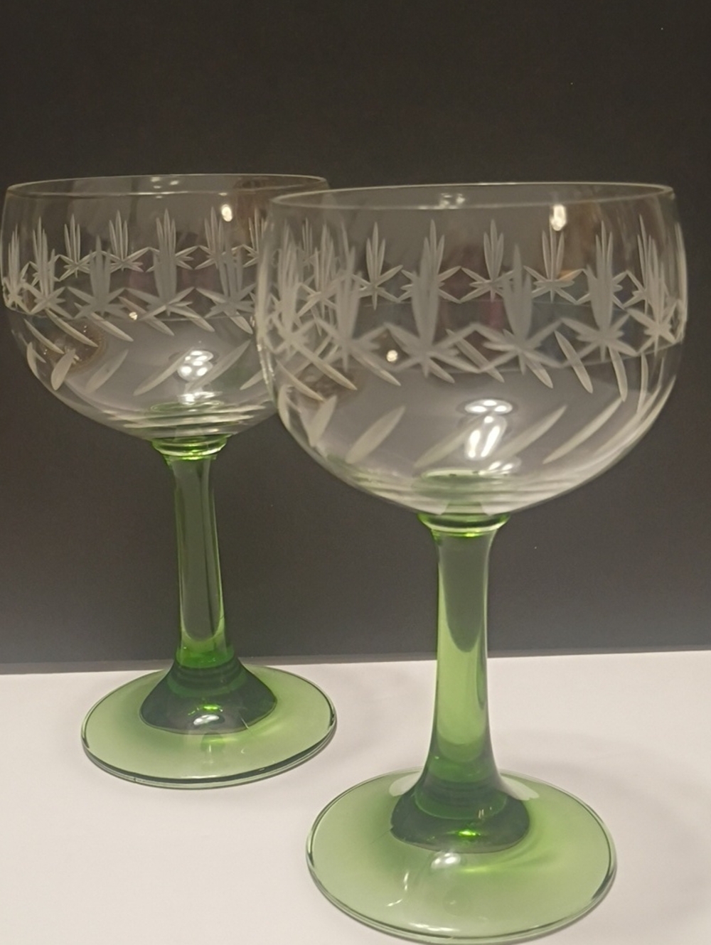Bohemian Crystal Green Stem Etched Wine Glass Set Of 2 Vintage Estate